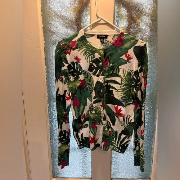 Lord & Taylor Green Leaf Print Sweater M 100% Cotton - Picture 1 of 4